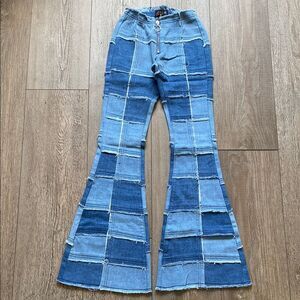 NWOT dELiA*s by Dolls Kill Retro Blue Patchwork High Waist Flare Jeans 70s Vibes
